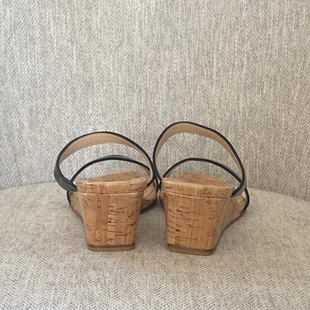 Stuart Weitzman Black Patent Leather Cork Wedge Slip on Sandals
